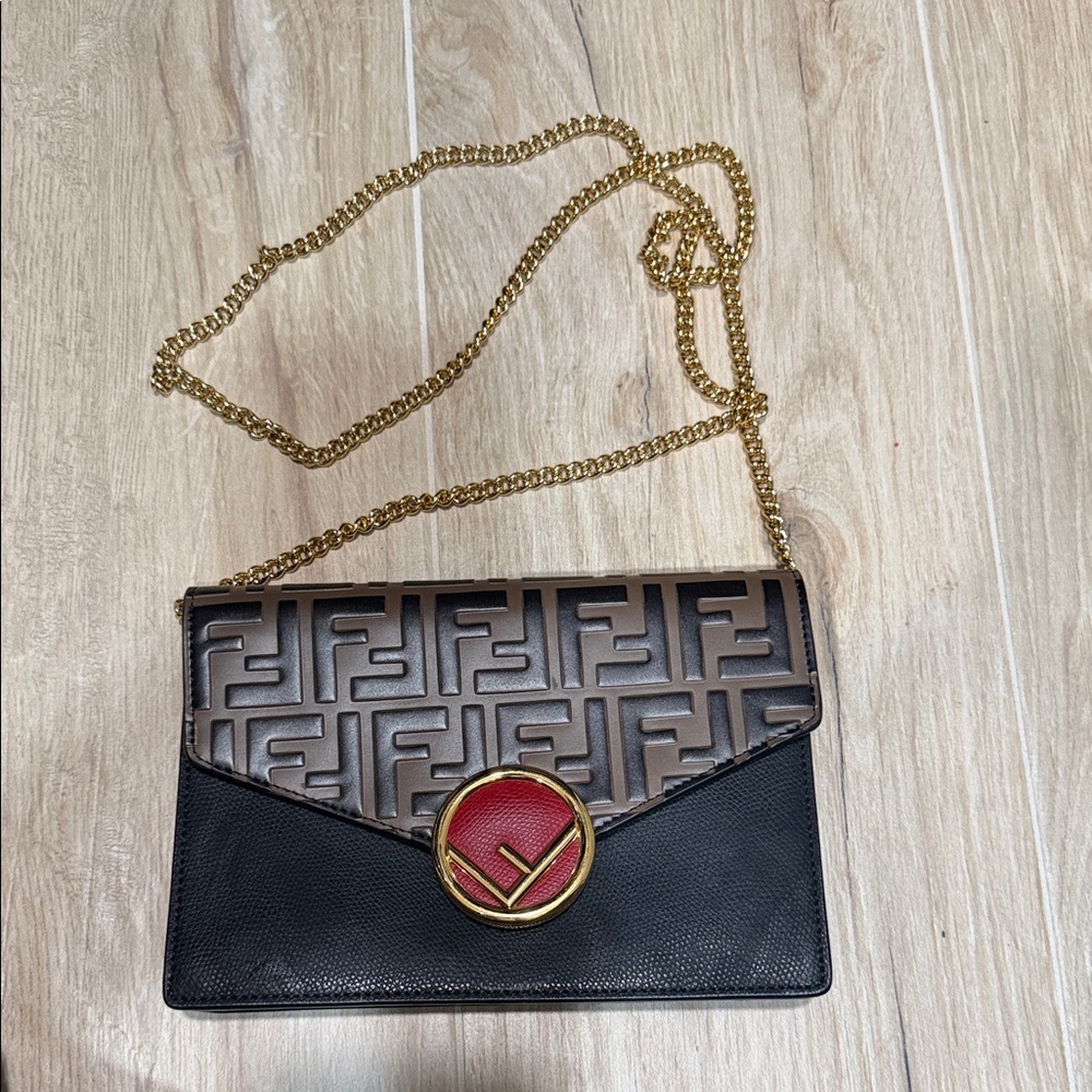 Fendi Black and Brown Crossbody Bag with Gold Chain